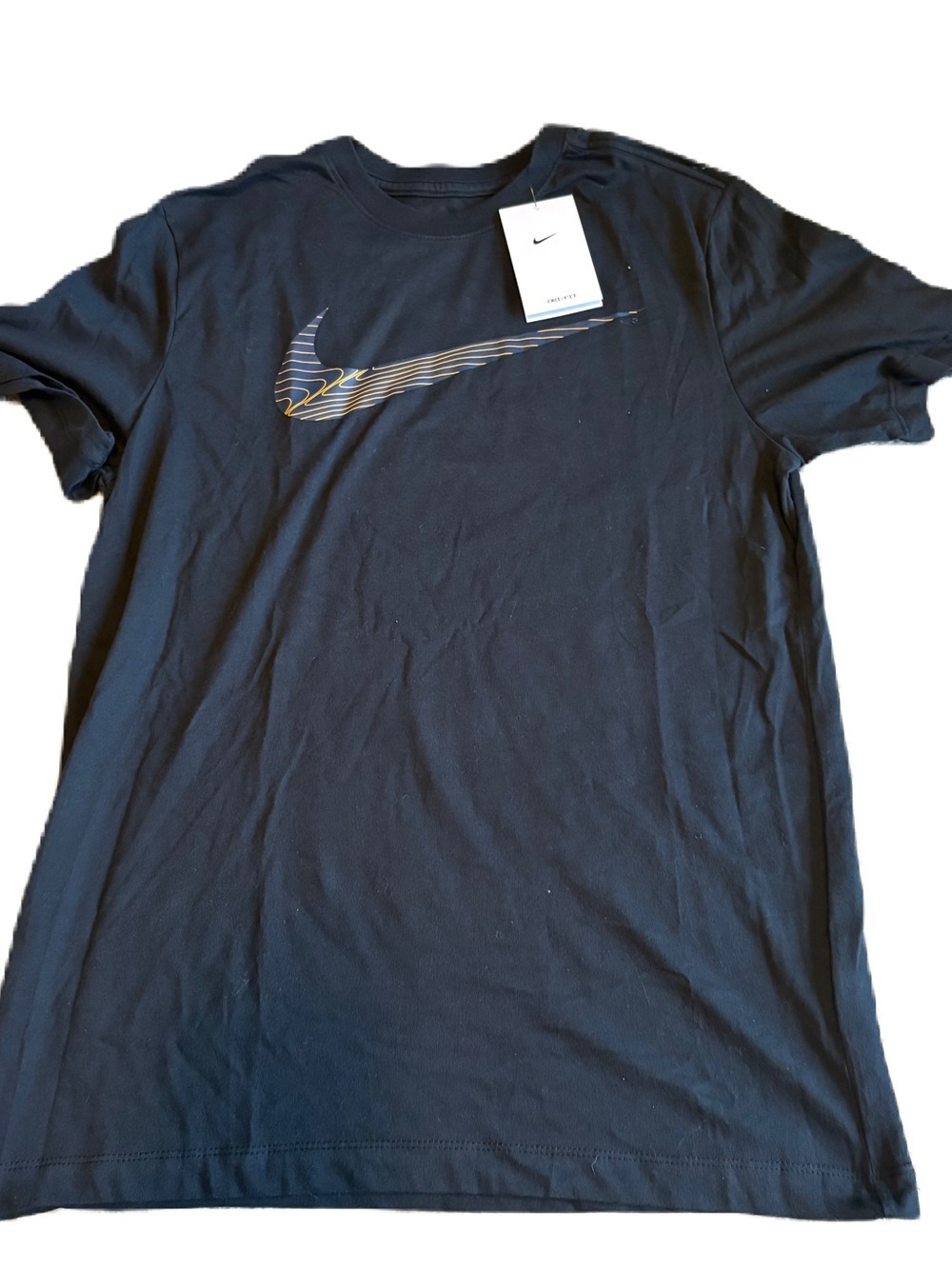 Nike Men’s Black Short-Sleeve T-Shirt Gold-Trim Swoosh NEW Medium Dri-Fit